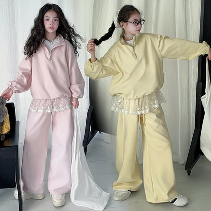 Conjunto de ropa infantil de primavera y otoño para niñas, sudadera de manga larga y pantalones de dos piezas, ropa deportiva informal de encaje para niños