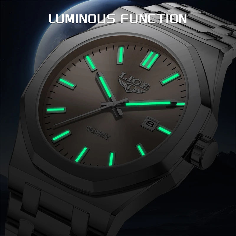 Reloj para hombre LIGE, resistente al agua, de acero inoxidable, luminoso, de negocios, de cuarzo, de moda, con calendario