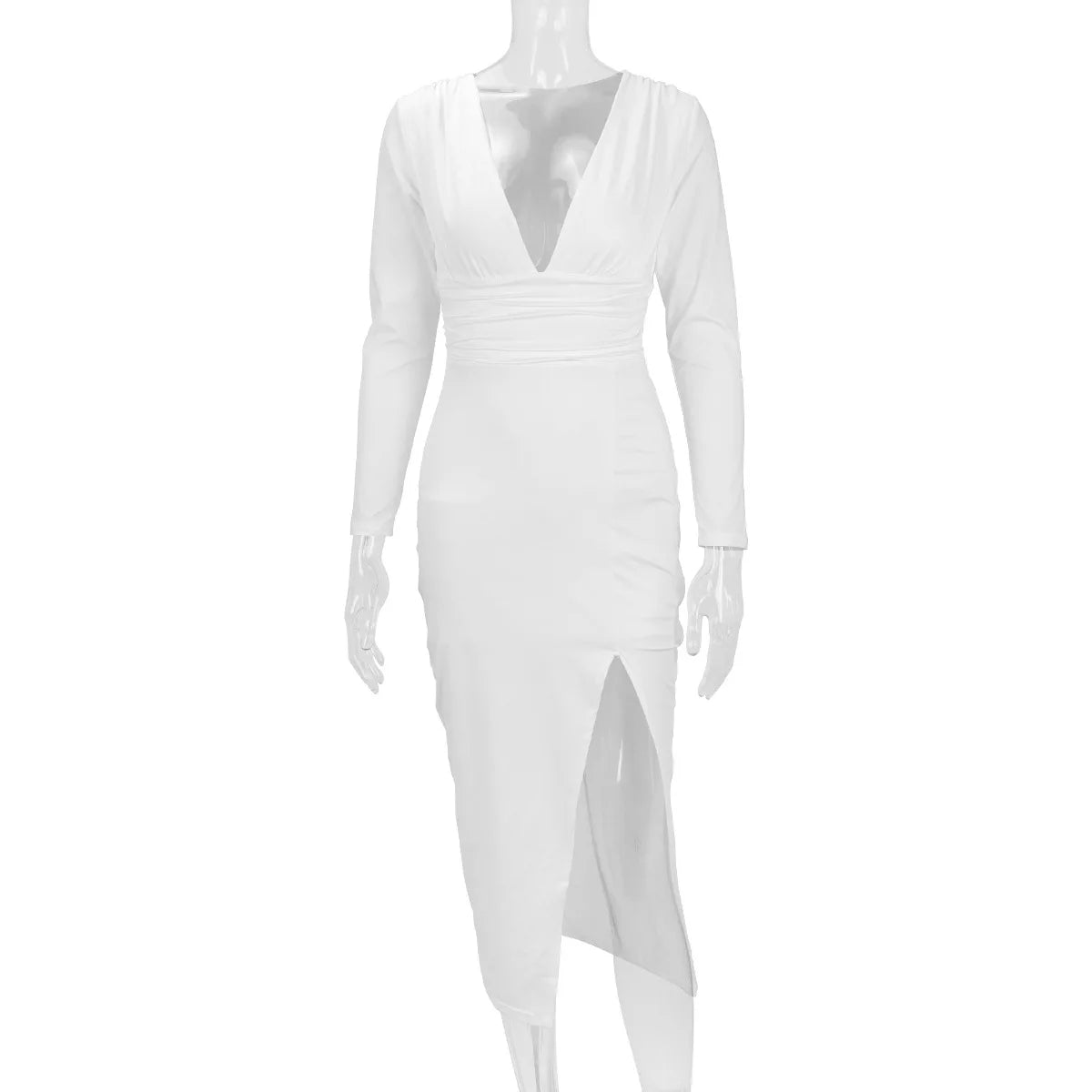 2025 Autumn Winter Female Fashion Slim Fit Long Sleeve V Neck Dress Women's Sexy Slit Knee Length Midi Dress Regular Shoulder