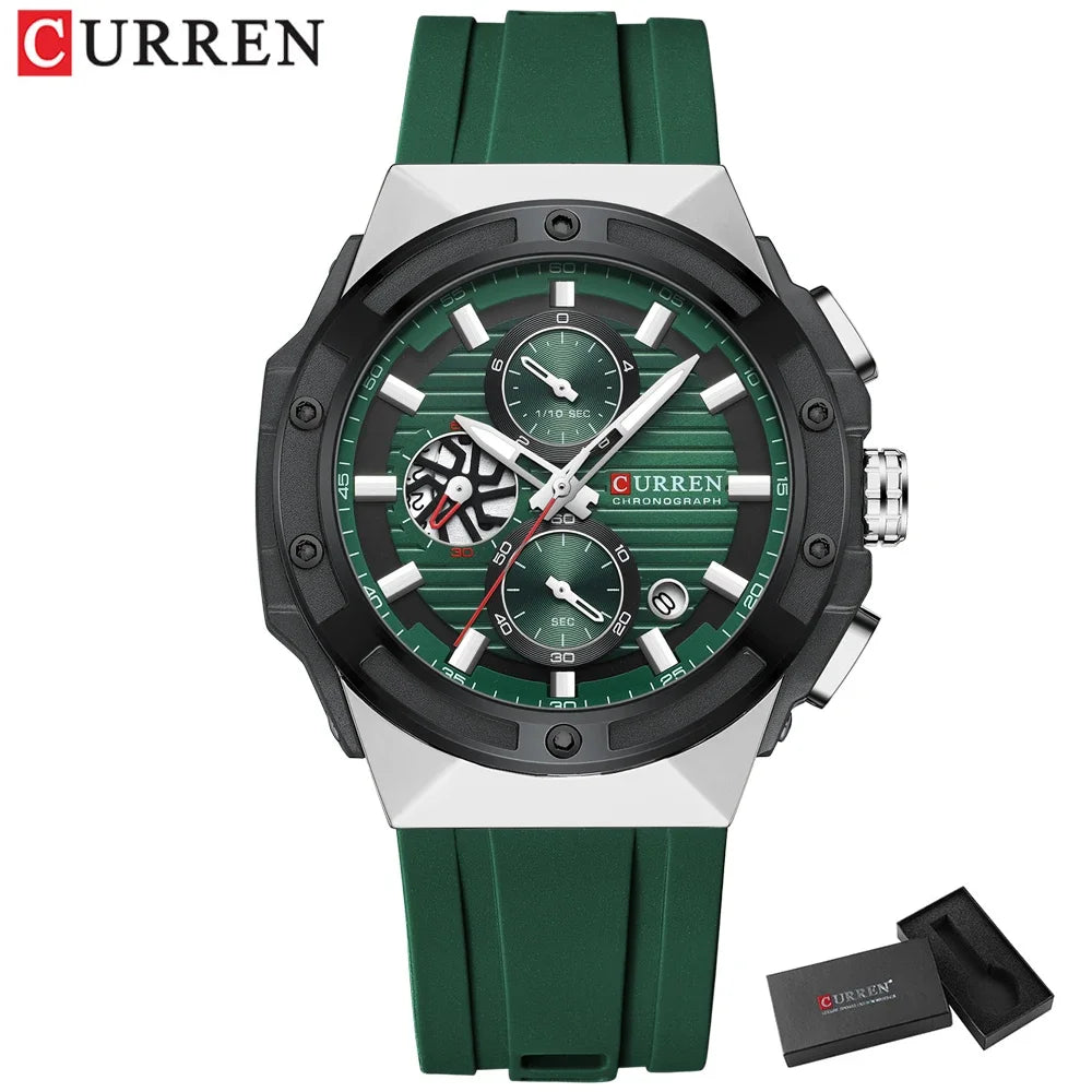 CURREN Reloj deportivo de cuarzo multifuncional con cronógrafo y correa de silicona, esfera de diseño creativo y manecillas luminosas.