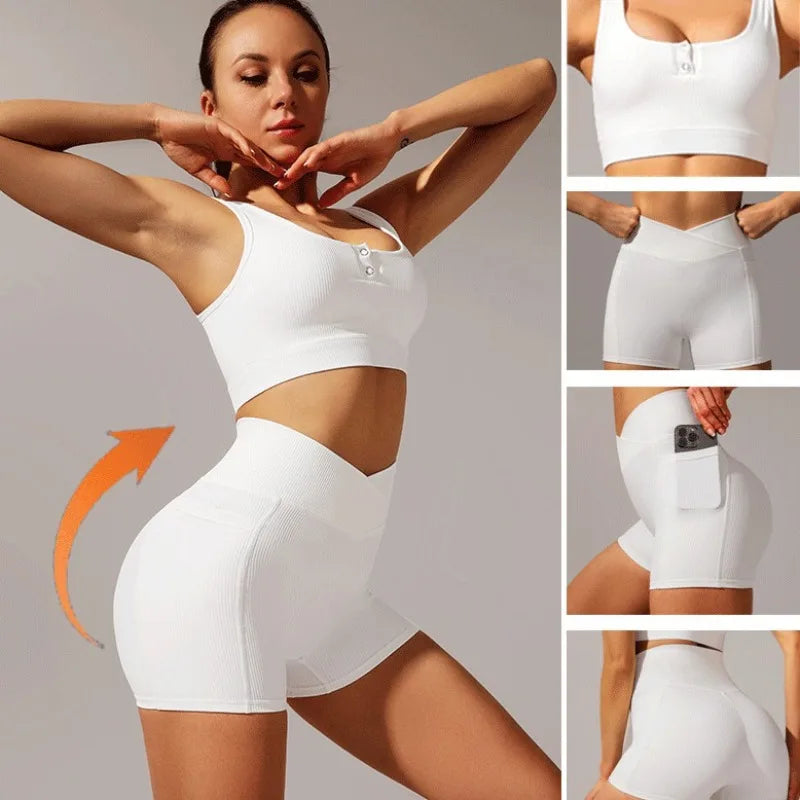 Conjunto de yoga y fitness para mujer, sujetador deportivo con cintura cruzada, mallas y pantalones cortos, ropa deportiva para mujer, conjuntos de entrenamiento, ropa para correr, fitness y gimnasio.