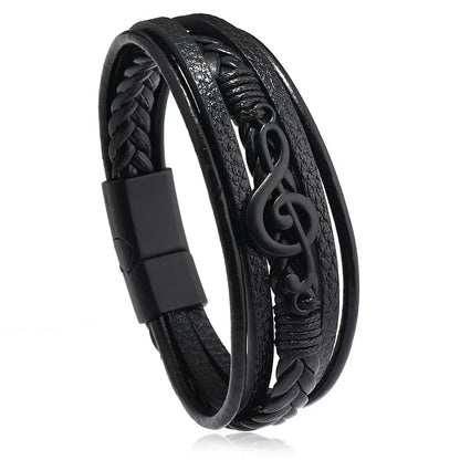 Pulseras para hombre, nuevas pulseras retro creativas con símbolo musical, pulseras sencillas de cuero multicapa con hebilla magnética, joyería