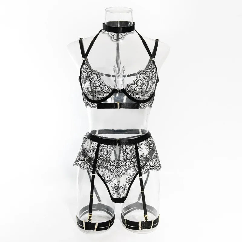 Tornova - Conjunto de ropa interior sexy con bordado de 5 piezas para mujer, de malla con retazos, transparente, con cuello halter y ligas, lencería sexy