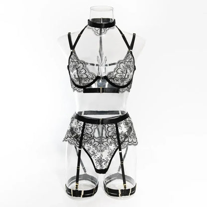 Tornova - Conjunto de ropa interior sexy con bordado de 5 piezas para mujer, de malla con retazos, transparente, con cuello halter y ligas, lencería sexy