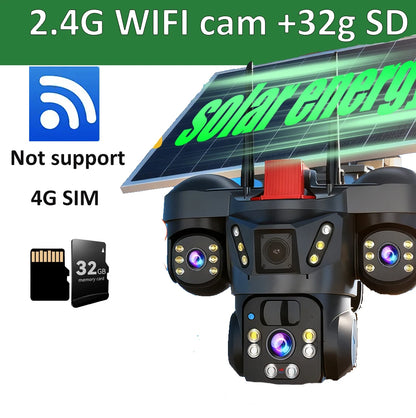 Cámara de vigilancia solar 8K 15MP con tres pantallas, WiFi, seguimiento automático, PTZ, tarjeta SIM 4G, cámara IP solar inalámbrica V380 Pro