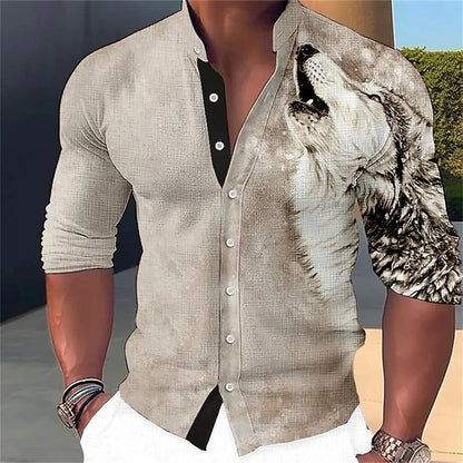 Camisa de manga larga para hombre con estampado abstracto 3D, cuello alto y botones. Diseños de moda urbana. Ropa de hombre.