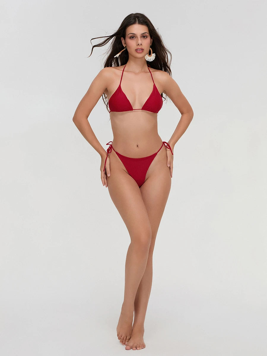 Nuevo conjunto de bikini de verano para mujer, estampado de cuadros, sujetador halter y tanga de talle bajo, 2 piezas, talla S/M