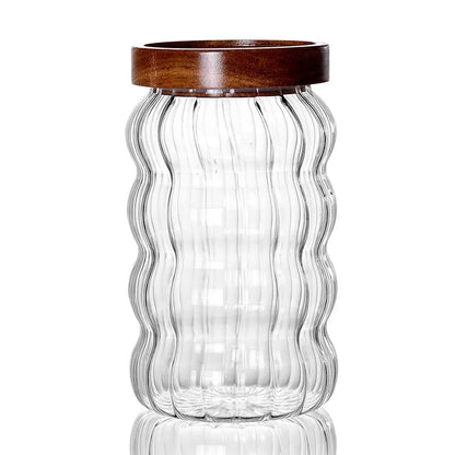Recipiente hermético de vidrio rayado con tapa de madera para almacenamiento en la cocina, botellas, frascos, recipientes para alimentos, granos de café, cereales y dulces.