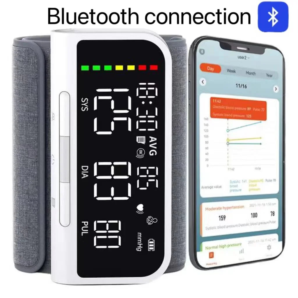 Monitor de presión arterial con carga USB por voz y Bluetooth, monitor de presión arterial automático de frecuencia cardíaca y pulso, pantalla LED grande