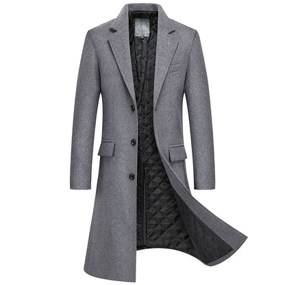 Black Men Wool Long Trench Coat Stylish Single Breasted Quilted Lined Wool Blend Pea Coats Men Winter Cashmere Coat Windbreaker