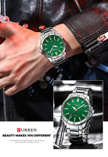 CURREN 8452 Reloj de cuarzo para hombre, sencillo, moderno, para ocio y negocios, con correa de acero inoxidable negra y plateada.