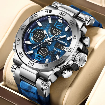 FOXBOX - Nuevo reloj deportivo para exteriores para hombre, reloj analógico digital de moda para negocios, reloj de pulsera de cuarzo con alarma resistente al agua y de silicona.