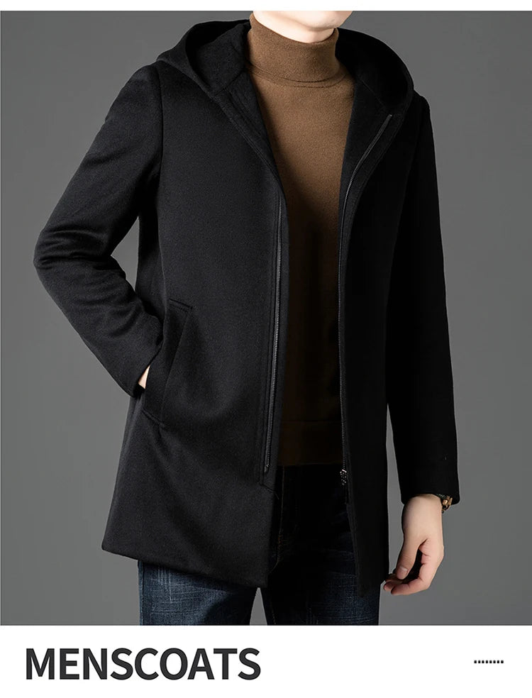 Abrigo largo de lana para hombre COMXZ, colección invierno 2025, gabardina de cachemir de diseño, chaqueta con capucha y forro de plumón de pato blanco, abrigo de lana de lujo