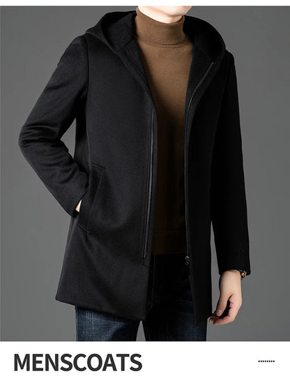 Abrigo largo de lana para hombre COMXZ, colección invierno 2025, gabardina de cachemir de diseño, chaqueta con capucha y forro de plumón de pato blanco, abrigo de lana de lujo