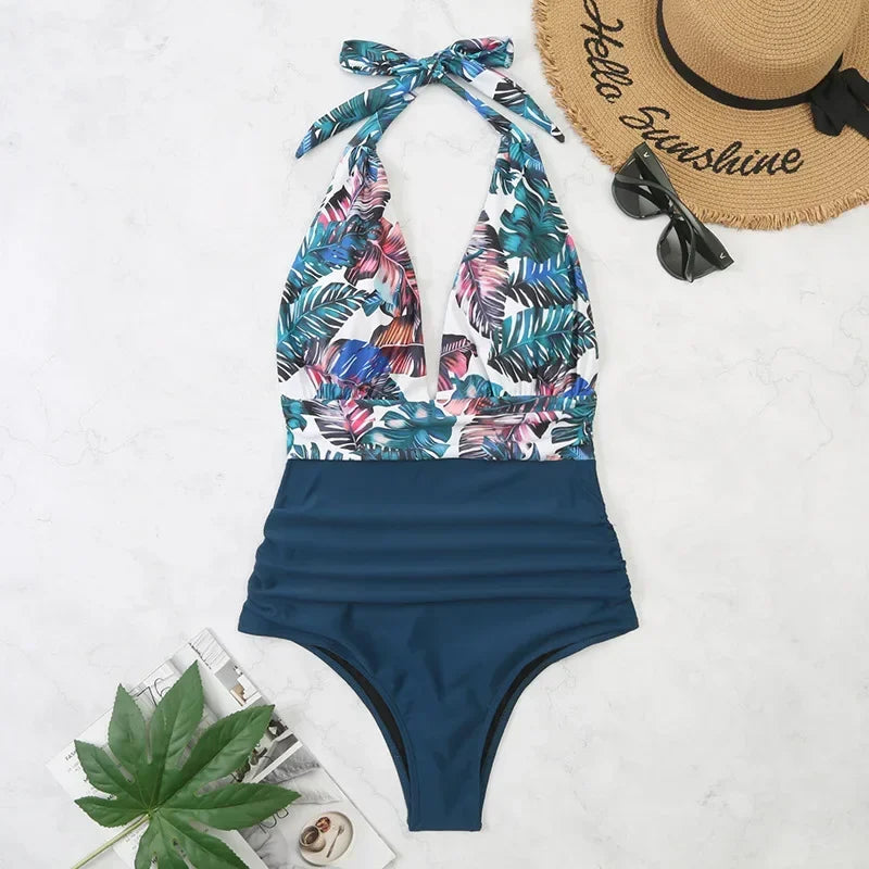 Traje de baño enterizo estampado de moda para mujer, bikini sexy, ropa de playa para damas, traje de baño con espalda descubierta y cordones.