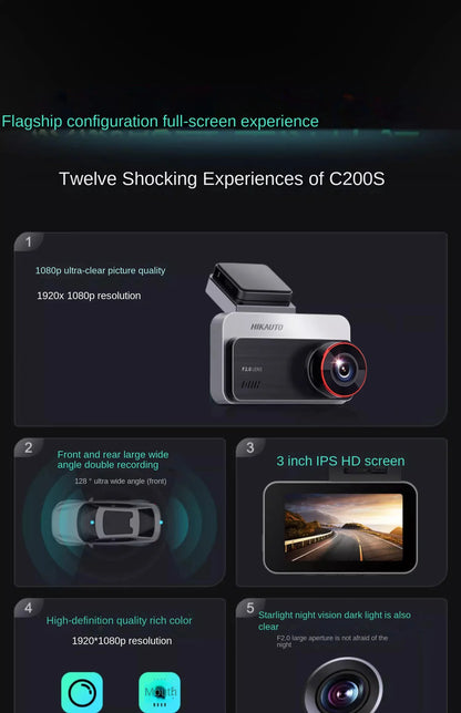 Grabadora de salpicadero Hikvision con cámara dual delantera y trasera, visión nocturna Starlight y pantalla de 3 pulgadas.