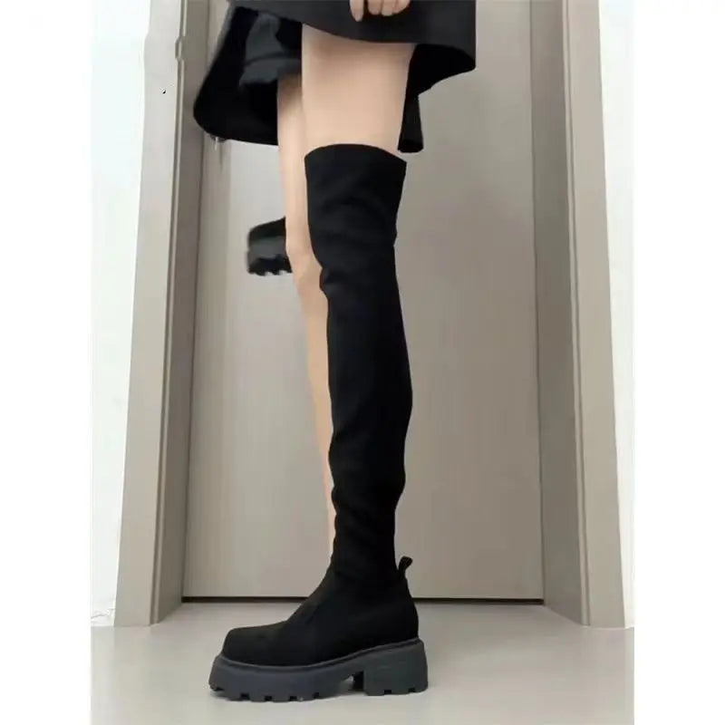 Botas hasta la rodilla para mujer, otoño invierno 2024, nuevas botas largas de talla pequeña, botas universitarias largas elásticas, botas cuadradas de tacón...