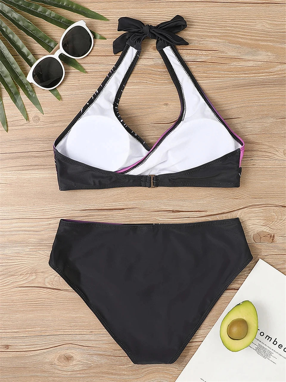 Conjunto de bikini con cuello en V 2024 para mujer, traje de baño de verano con estampado de rayas y patchwork, ropa de playa, traje de baño para mujer, talla 2XL