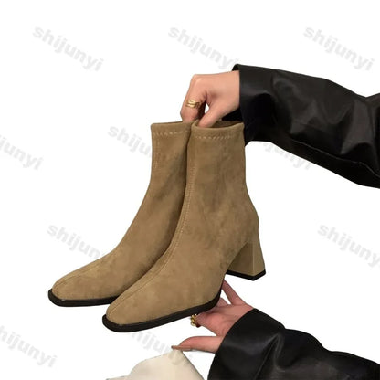 Vintage Women Ankle Boots 2024 Fashion Square Toe Thick High Shoes Autumn Winter New Ladies Elegant Stretch Slim Short Booties