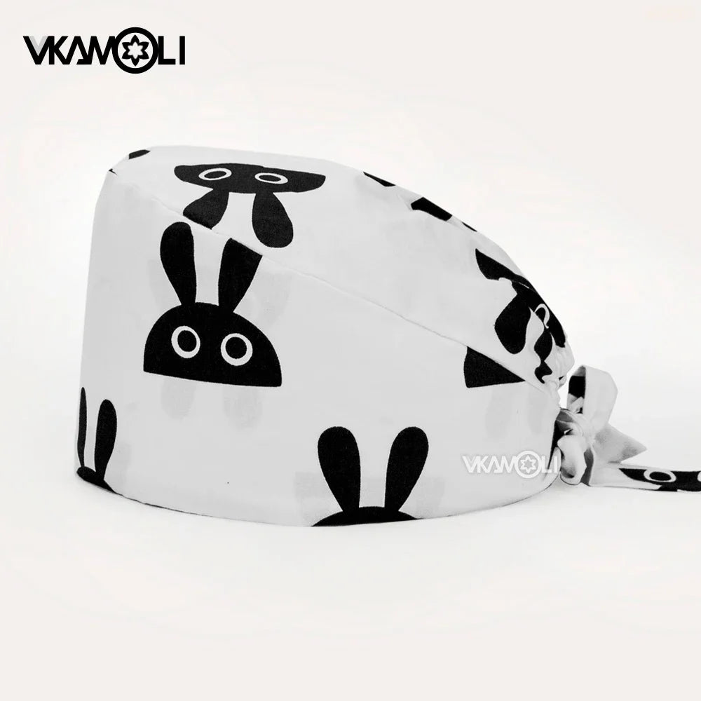 Gorro quirúrgico de algodón con estampado de dibujos animados multicolor para peluquería de mascotas, ajustable, para salón de belleza, enfermería, médico y enfermera.