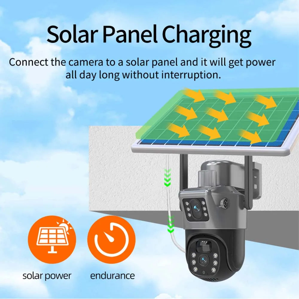Cámara solar WiFi 4K de 8MP para exteriores, cámara de vigilancia CCTV inalámbrica con panel solar, doble lente, cámara IP PTZ y protección de seguridad.
