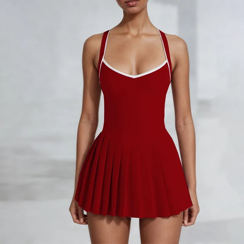 Vestido de yoga de una pieza para mujer con almohadillas para el pecho, falda plisada con bloques de color, alta elasticidad, secado rápido, antiexposición, falda de tenis y golf.