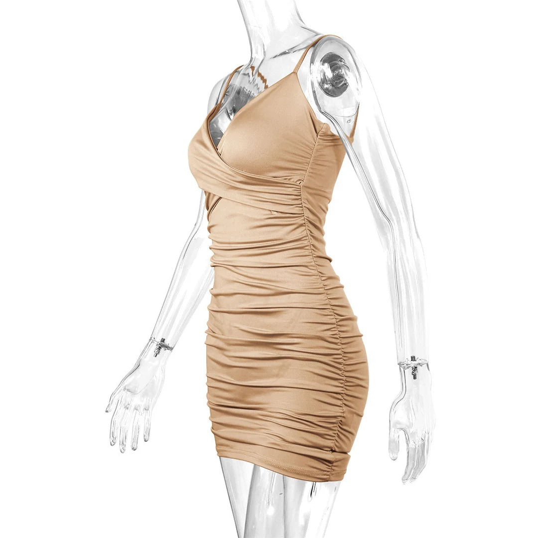7 Color Sexy Wrinkled Pleated V Neck Sling Dress Short Club Ladies 2025 Summer Bodycon Dress Evening Party Tight Mini Dress D007