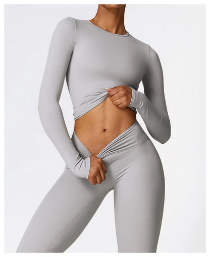 2PCS Seamless Yoga Set Women Workout Set Sportswear Gym Clothing Fitness Long Sleeve Crop Top High Waist Leggings Sports Suits
