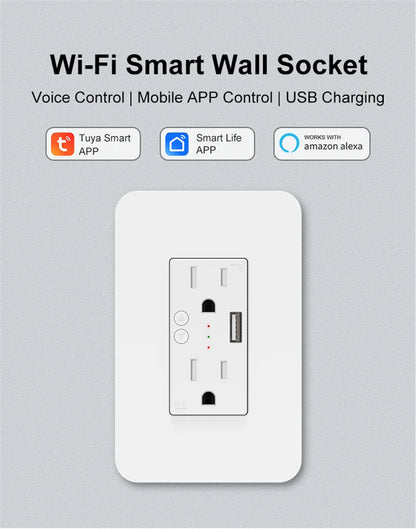 Enchufe inteligente Milfra Wifi de doble pared con toma de corriente estadounidense, puerto de carga USB, encendido/apagado, control remoto por voz mediante la aplicación Tuya Smart Life.