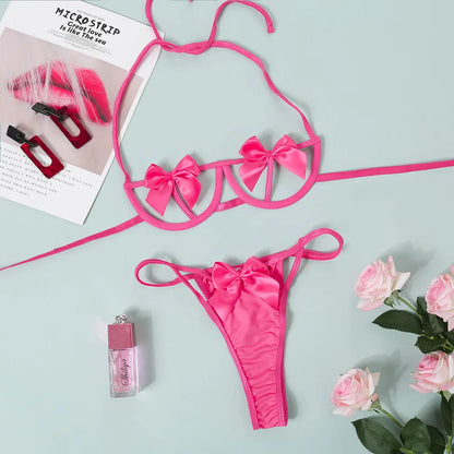 Conjunto de lencería sexy de 3 piezas con sujetador y tanga con lazo para mujer, conjunto de lencería sexy con ligas y perspectiva recortada.