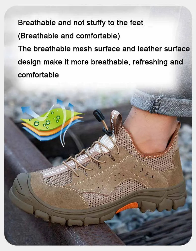 Zapatos de seguridad de piel de vaca, transpirables, para hombre, con puntera de acero, resistentes a impactos, botas de trabajo, indestructibles, zapatillas de trabajo modernas.