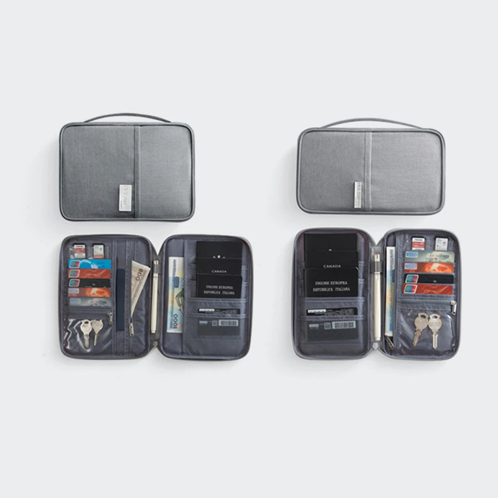Organizador de documentos de viaje: porta pasaporte impermeable con bloqueo RFID, ranuras para múltiples tarjetas y bolsillo con cremallera para avión/tren.