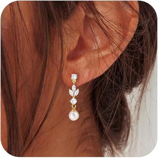 Pendientes colgantes de circonita cúbica con corte marquesa para mujer, joyería de boda con hojas de perla de imitación, precio de fábrica