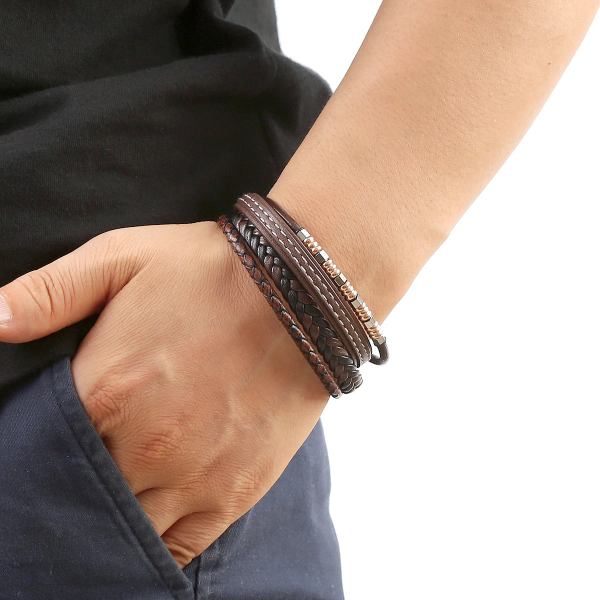 Brazalete punk multicapa de acero inoxidable, pulsera de cuero de alta calidad para hombres y mujeres, nuevo diseño de moda, joyería trenzada para mano masculina.