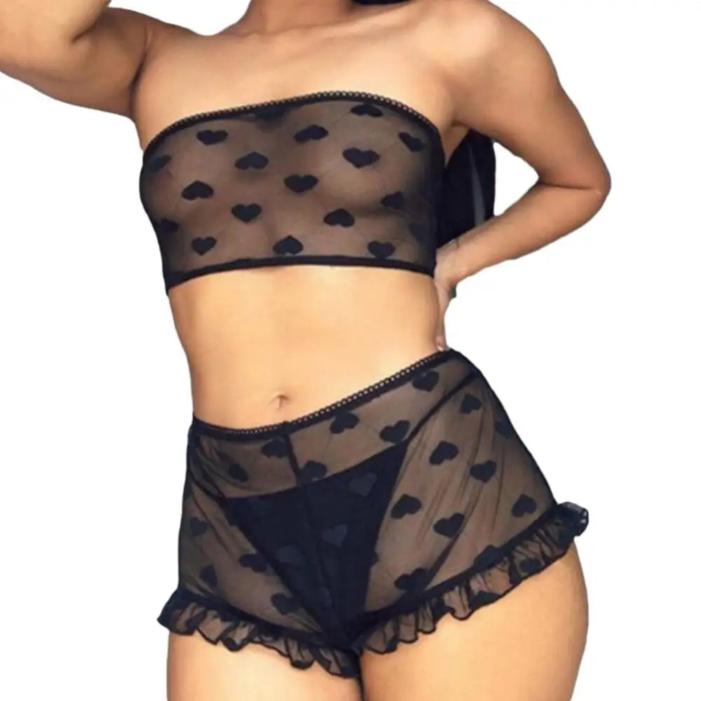 Conjunto de ropa interior erótica para mujer, top de tubo con estampado de corazones transparente, microshorts de encaje, lencería sin entrepierna, body sexy de encaje tipo babydoll.