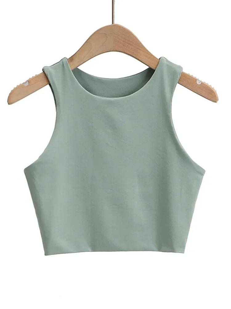 Tops ajustados sexis de moda de verano 2023 para mujer, cuello redondo, sin mangas, de nailon doble, de buena calidad, en 6 colores