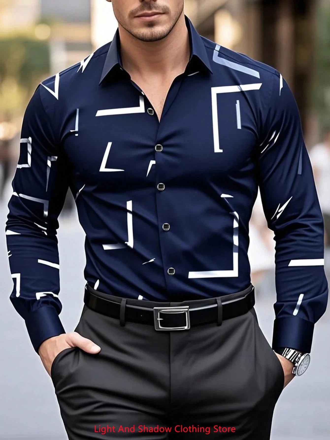 Camisa de hombre con estampado geométrico, estilo urbano clásico, manga larga, cuello, botonadura sencilla. Envío rápido.