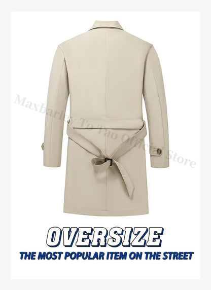 Abrigo largo Maxbarley para hombre, estilo gabardina, marca coreana, color liso, con cinturón, colección otoño 2025. Nuevo diseño de chaqueta cortavientos de un solo botón.