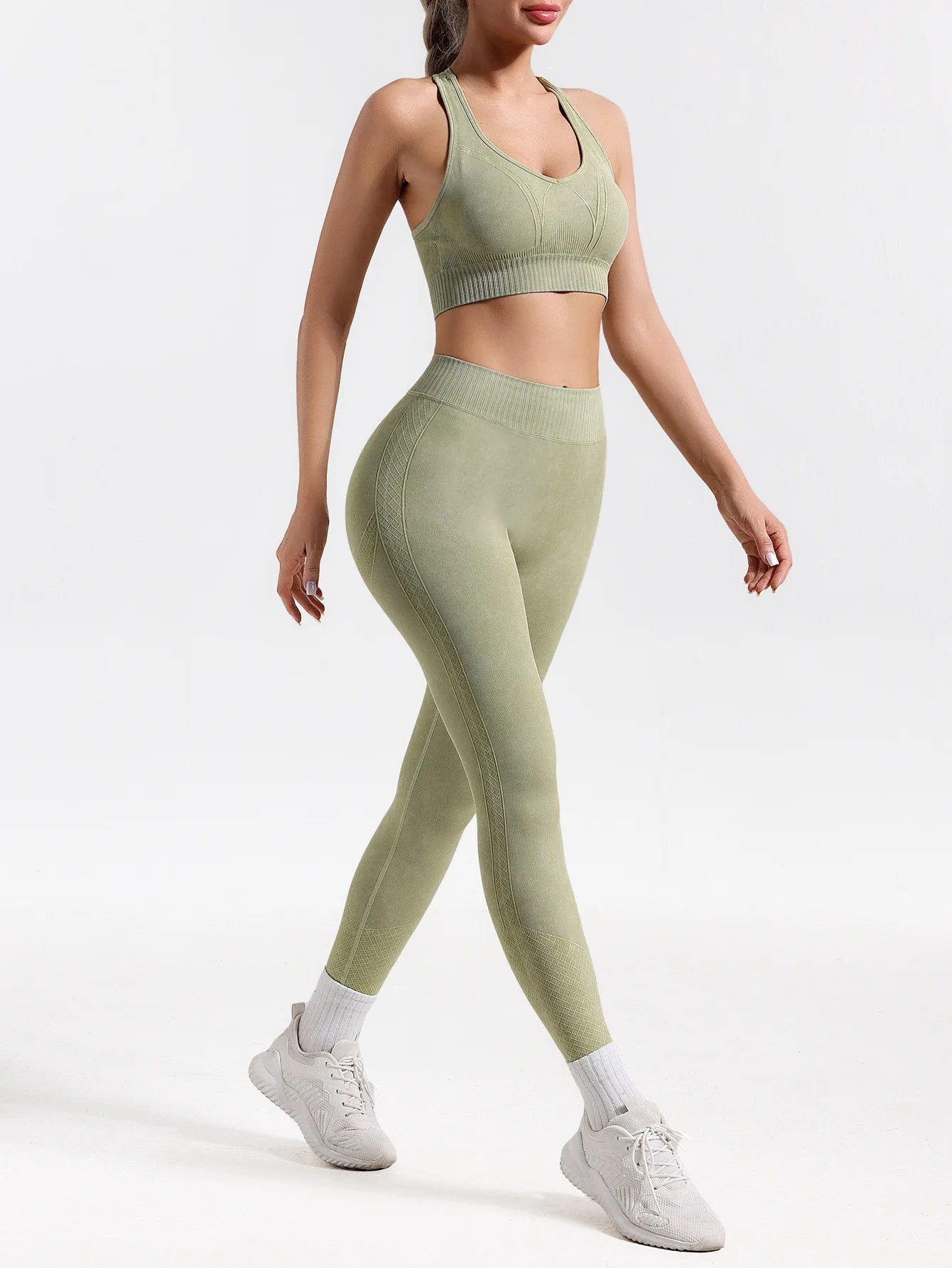 Conjunto de yoga sin costuras con lavado ácido de 2 piezas para mujer, ropa deportiva para gimnasio, leggings, conjunto deportivo para entrenamiento, espalda en V, traje de fitness Teveo para mujer