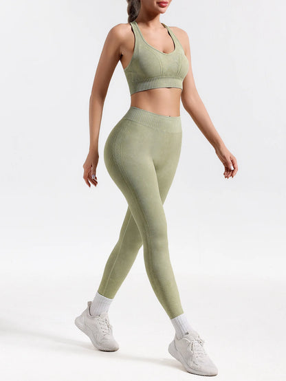 Conjunto de yoga sin costuras con lavado ácido de 2 piezas para mujer, ropa deportiva para gimnasio, leggings, conjunto deportivo para entrenamiento, espalda en V, traje de fitness Teveo para mujer