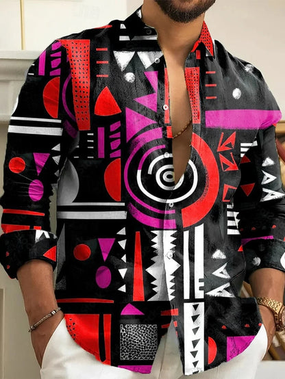 Camisa retro floral para hombre, manga larga, solapa, botonadura sencilla, tejido suave y cómodo para fiestas sociales elegantes y a la moda.