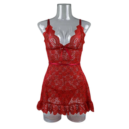 Conjunto de lencería sexy con perspectiva de empalme de encaje, ropa de dormir erótica sin entrepierna, pijama, vestido de noche de encaje, camisón, tanga