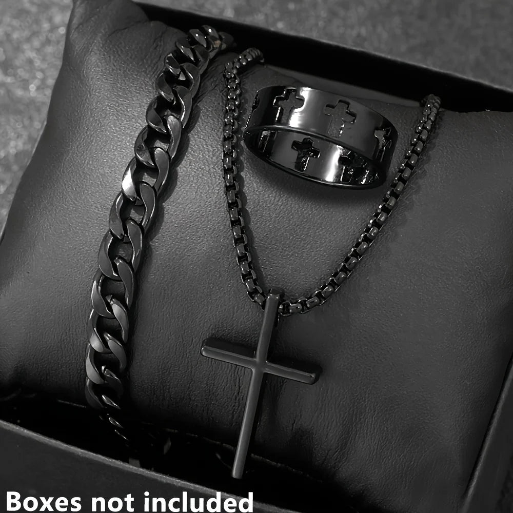 Conjunto de 3 piezas de joyería de aleación de moda para hombre: collar, pulsera y anillo con colgante de cruz.
