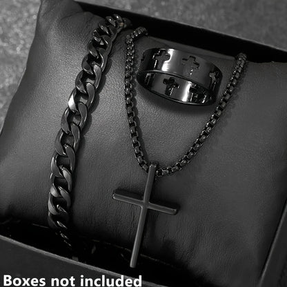 Conjunto de 3 piezas de joyería de aleación de moda para hombre: collar, pulsera y anillo con colgante de cruz.