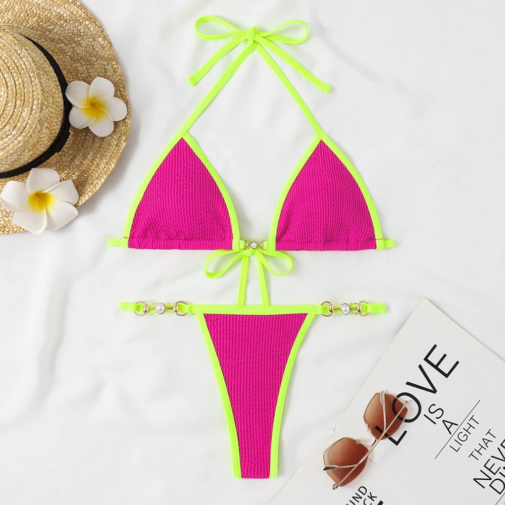 Traje de baño para mujer 2025, traje de baño de dos piezas con cuello halter, conjunto de bikini para mujer, ropa de playa de verano, traje de baño con cordón ajustable, tanga, copa triangular