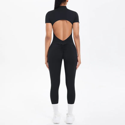 Mono deportivo de yoga sexy con cremallera frontal, espalda descubierta, manga corta, pantalones cortos, ropa deportiva para fitness, correr, gimnasio, yoga y actividades deportivas para mujer.