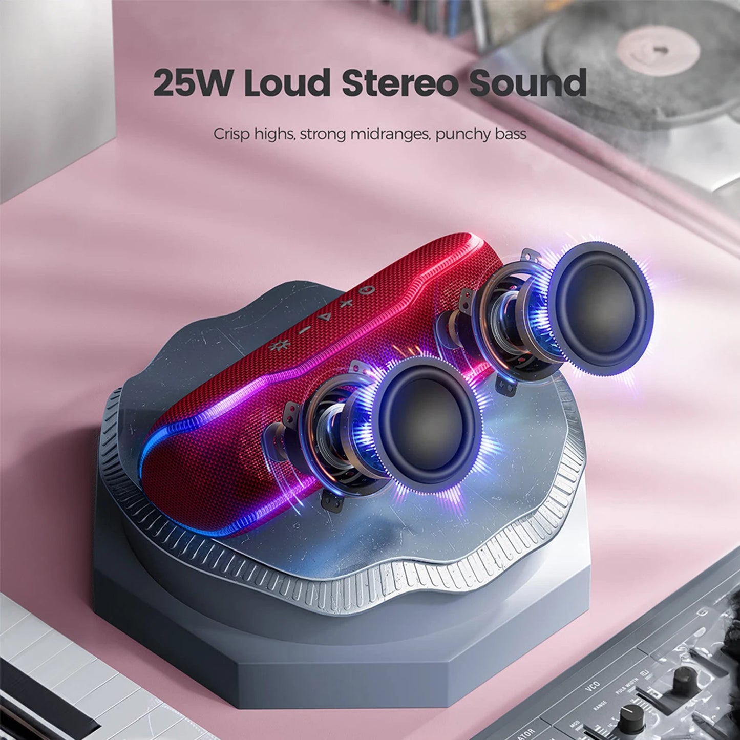 Altavoz Bluetooth inalámbrico rojo WISETIGER F10C, resistente al agua IPX7, para exteriores, con luz RGB BT5.3, estéreo y sonido envolvente.