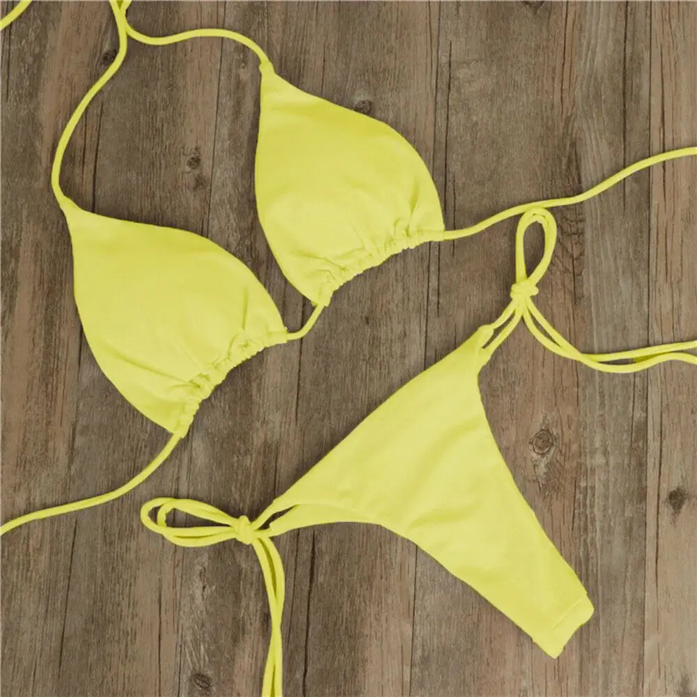 Conjunto de lencería sexy para mujer, top corto, sujetador y braguita, color liso, push up, tanga transparente