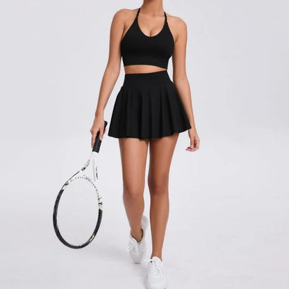 Conjunto de yoga para mujer, sujetador deportivo para exteriores, falda de tenis antiexposición, camiseta sin mangas de yoga transpirable de secado rápido, novedad de 2025