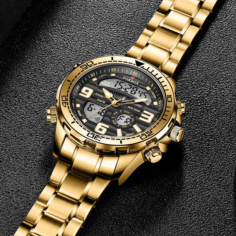 Relojes digitales Foxbox para hombre, reloj de pulsera deportivo de cuarzo de lujo superior, reloj de pulsera de acero militar resistente al agua, reloj de pulsera de cuarzo, reloj para hombre